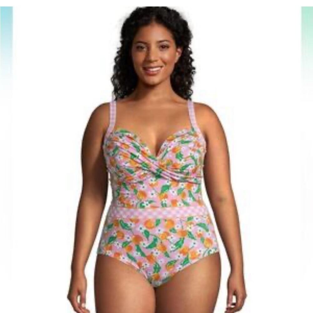 Lands End X Draper James Pink Gingham Orange Blossom One Piece Swimsuit Size 20W
